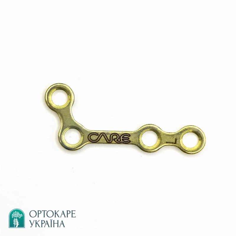 L- подібна пластина з 4 отворами, перемичка 9 мм, 110⁰, права товщина 1,0 мм